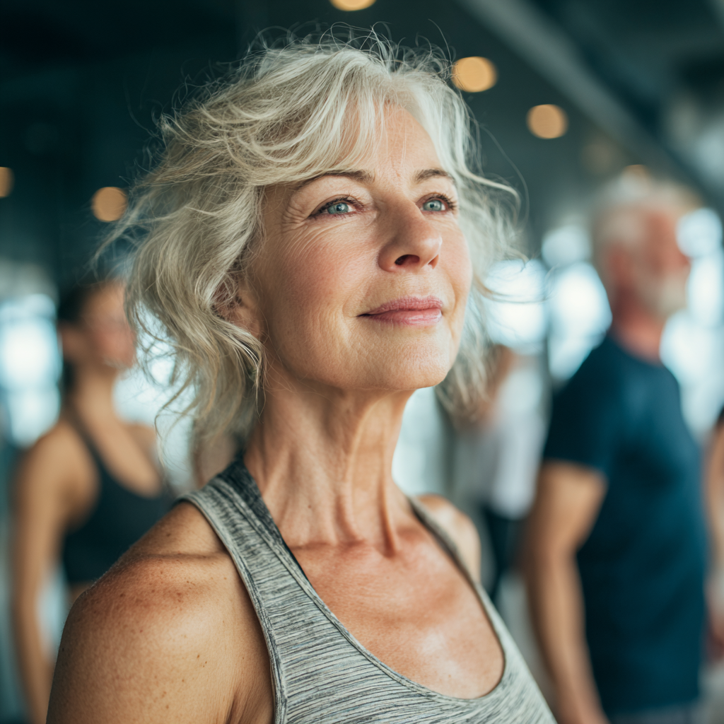 Mature adults participating in group fitness activities in modern gym environment