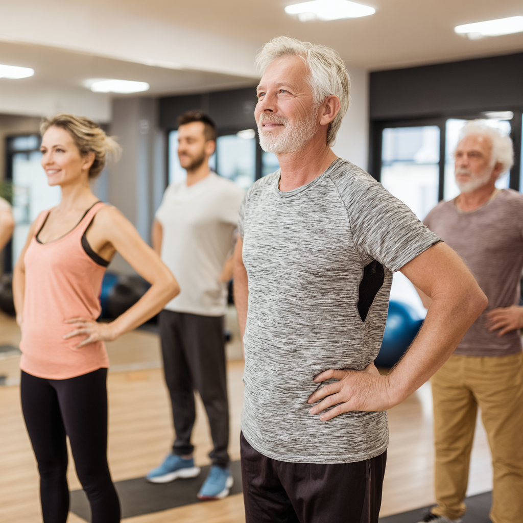 Middle-aged fitness instructor demonstrating exercises to mature adults in wellness center